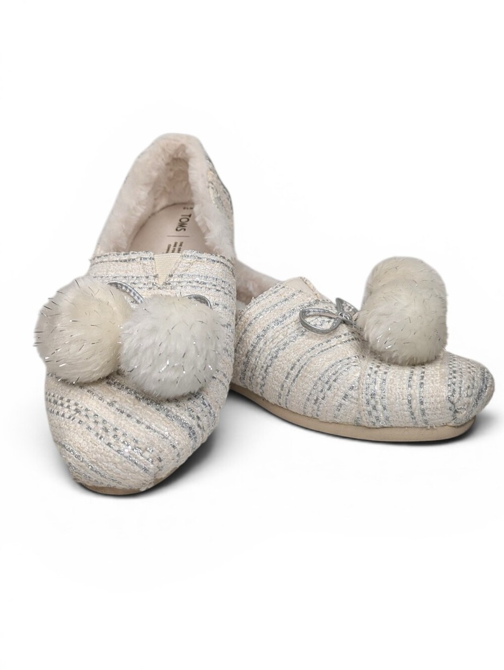 TOMS Classic Metallic Silver Woven Stripe Pom Pom Slip-on Flats | Size 12